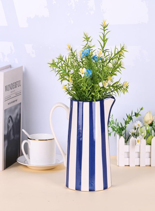 oliruim Ceramic Blue and White Pitcher Vase with Handle, Hand Painted Farmhouse Boho Pottery Jug for Decor Table Centerpiece, Kitchen, Home Desktop Decor Vase (Stripes) - Image 2